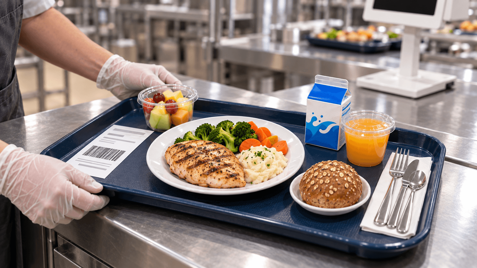 Completed hospital meal tray with barcode ticket