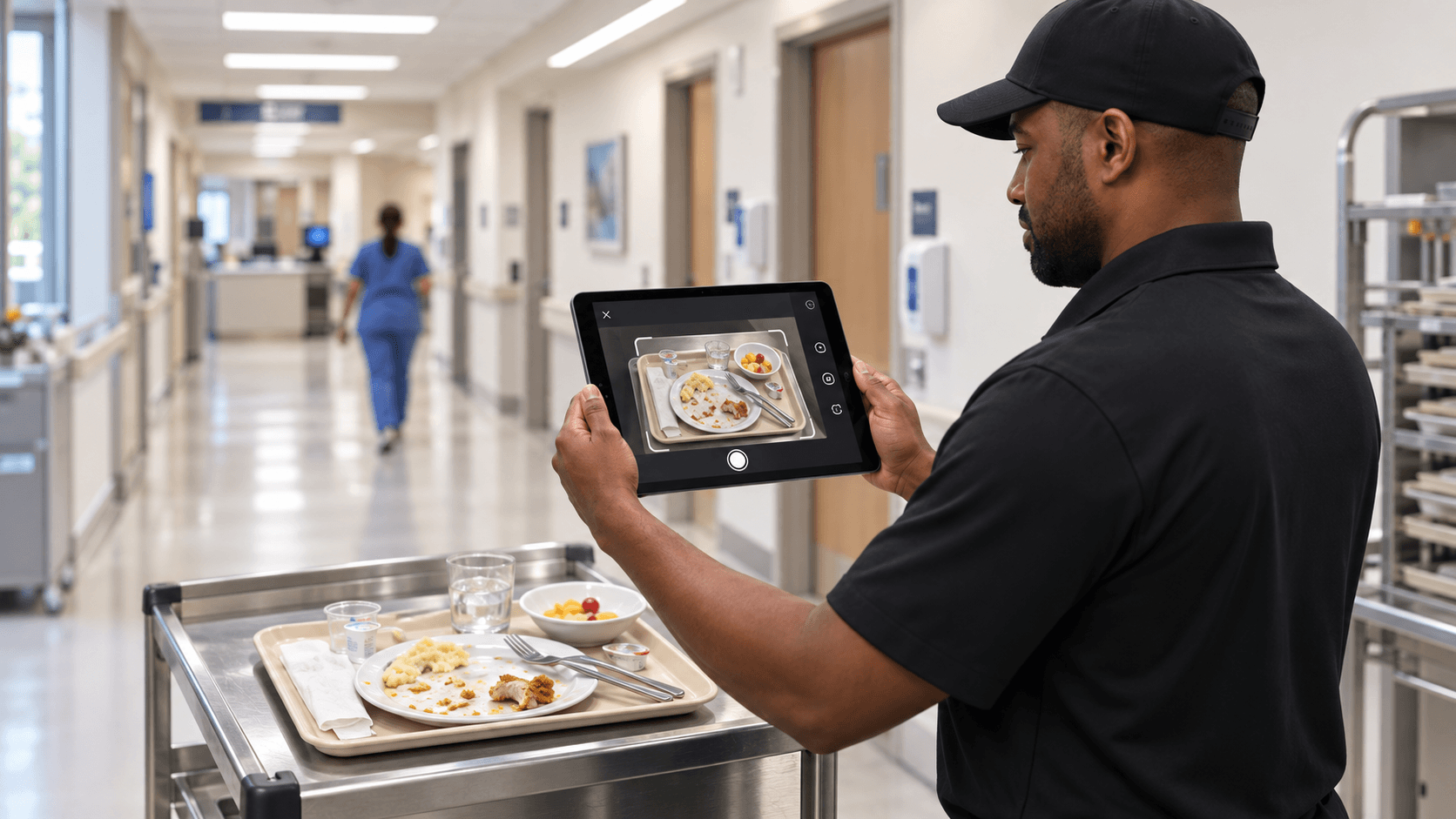 Hospital foodservice worker photographing a returned patient tray
